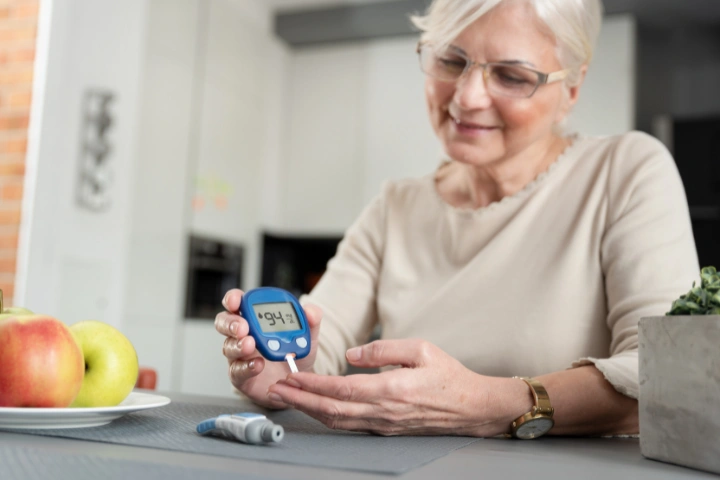 Usmiata seniorka v okuliaroch si doma kontroluje hladinu cukru v krvi pomocou digitálneho glukomeru.