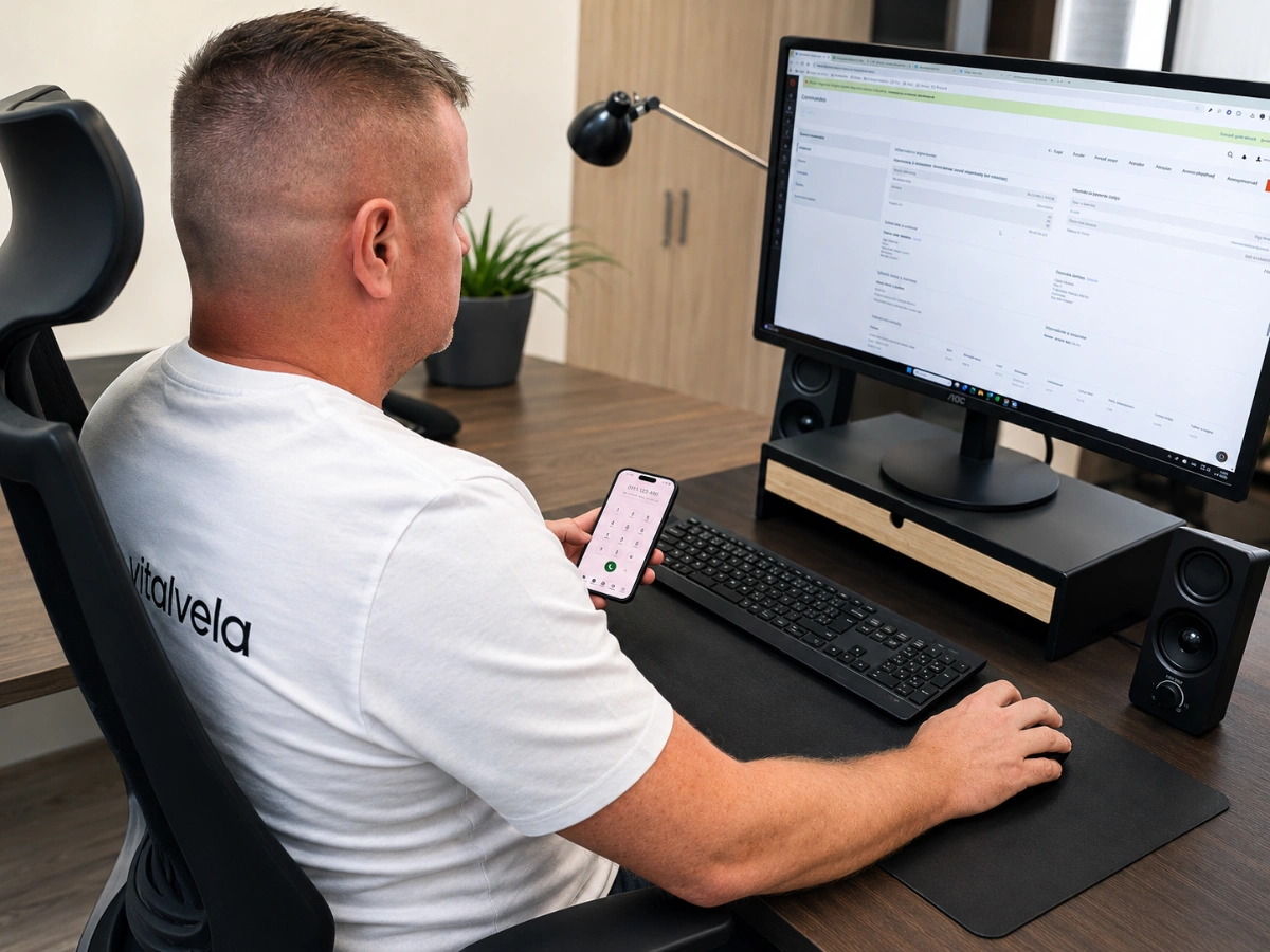 Práca v kancelárii e-shopu Vitalvela pri vybavovaní objednávok.