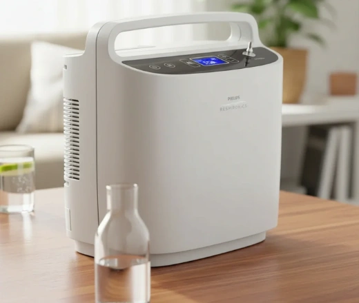 Prenosný kyslíkový koncentrátor Philips Respironics SimplyGo položený na drevenom stole v domácom prostredí.