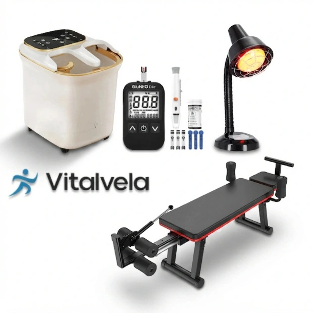 Produkty zo sortimentu Vitalvela - hydromasážna vanička na nohy, glukomer, infračervená lampa a trakčný stôl.