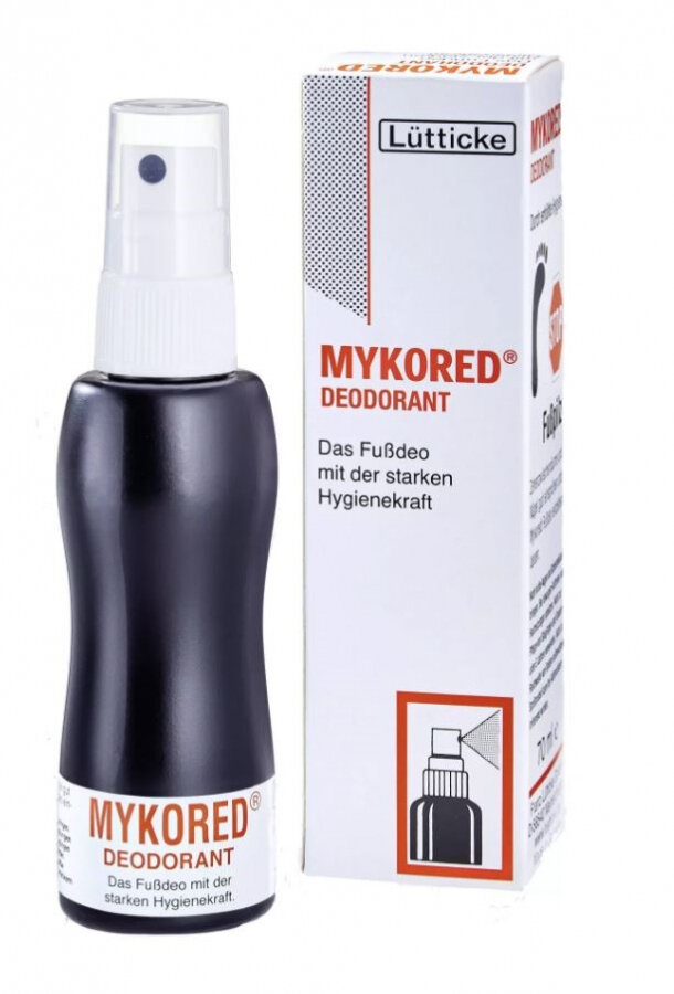 Mykored sprej deodorant proti baktériám, plesniam nôh a zápachu s krabičkou.