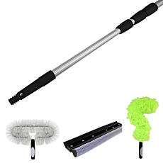8 m teleskopická tyč s nádstavcami – stierka na okná, kefa, prachovka