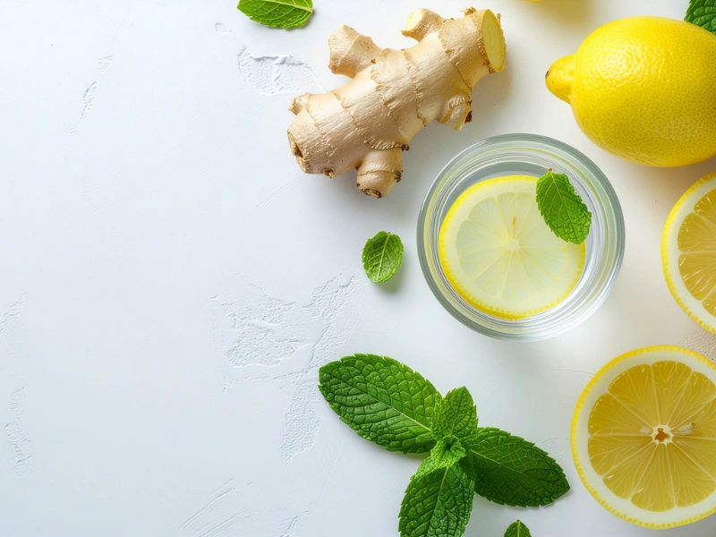 Detail na vodu s citrónom, zázvor a mätu ako suroviny pre prirodzený detox.