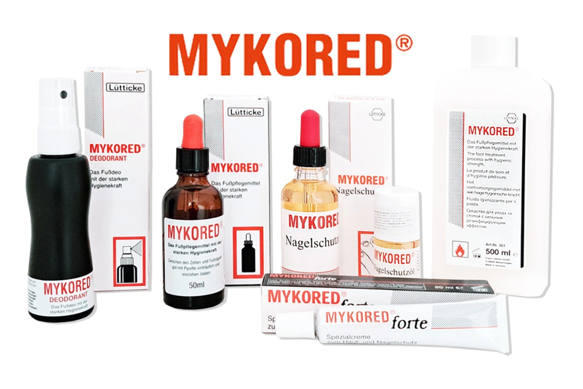 Sortiment produktov značky Mykored pozostávajúci zo spreja, olejov, krému a roztoku na ochranu nechtov a pokožky nôh.