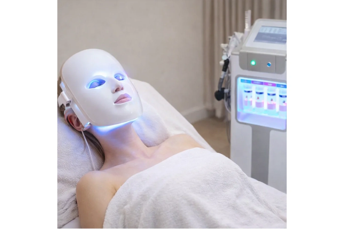 Žena počas procedúry s nasadenou LED maskou multifunkčného prístroja na hydradermabráziu 12v1, ktorá vyžaruje modré svetlo.