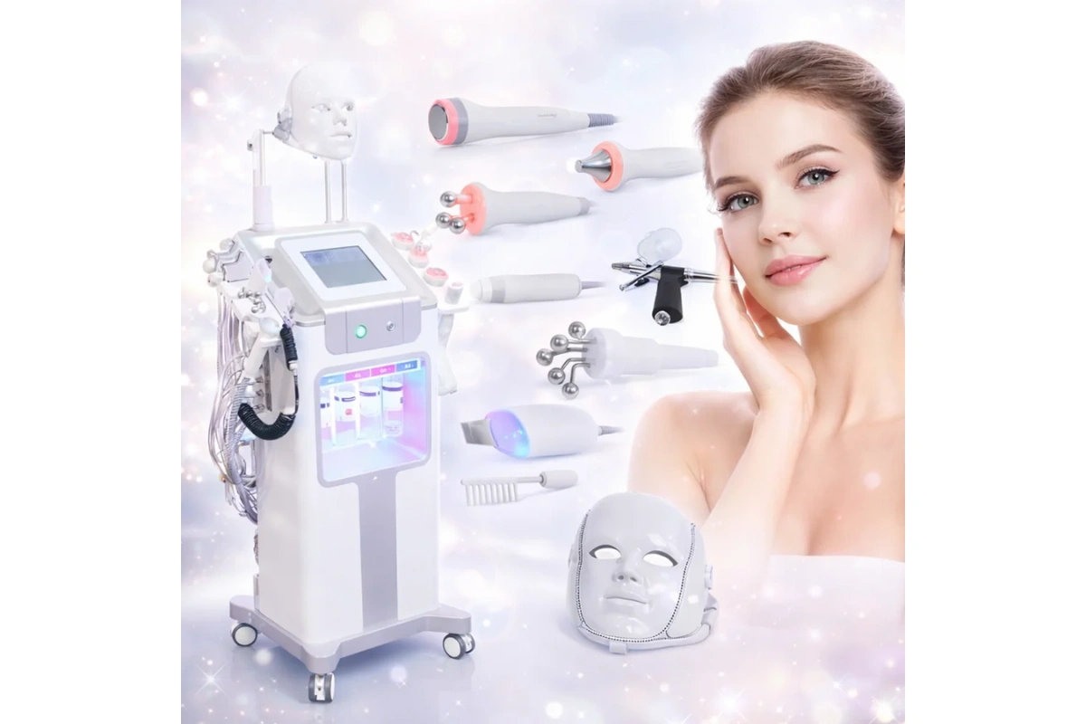 Koláž zobrazujúca multifunkčný prístroj na hydradermabráziu 12v1, jeho príslušenstvo a portrét spokojnej ženy s čistou pleťou.
