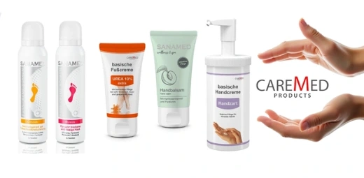 Výber produktov CareMed doplnený logom CareMed Products a ilustračným obrázkom ženských rúk.