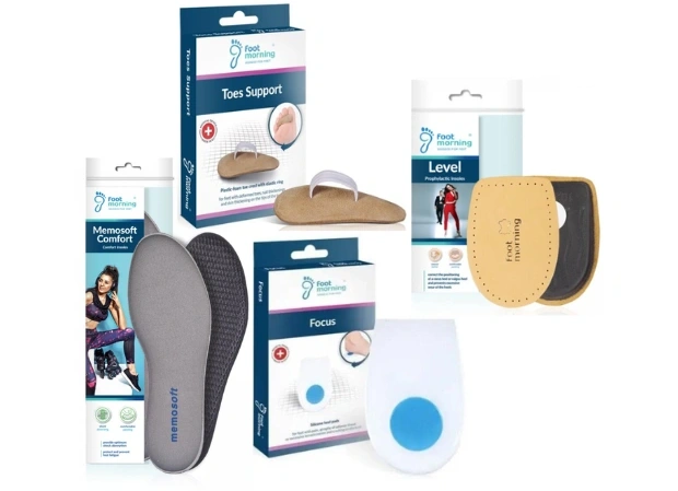 Výber produktov značky Foot Morning – vložky do topánok, ochrana pod prsty, silikónové a kožené podpätenky.